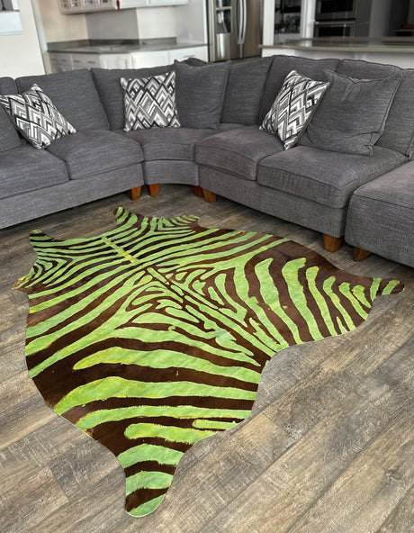 Green and Brown 6' x 6' 3 Cowhide Leather Rectangle Rug