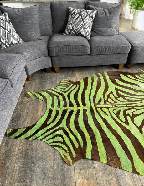 Authentic Luxury Green and Brown 5' 7 x 6' 3 Cowhide Leather Rectangle Area Rug Modern Interior Design 100% Real Natural Cowhide Carpet for Designer Home Decor for Sale at Rug Engine