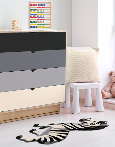 White and Black 4' 6 x 5' 1 Playtime Kids Wool Freeform Area Rug for Baby Nursery, Toddler Playroom,  Bedrooms Hand Tufted High Quality Dense  Wool Pile Natural Carpet for Sale at Rug Engine
