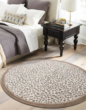 Brown 10' x 10' Wildlife Round Area Rug Animal Print Safari Jungle Inspired Carpet for Unique Modern Interior Design for Sale at Rug Engine