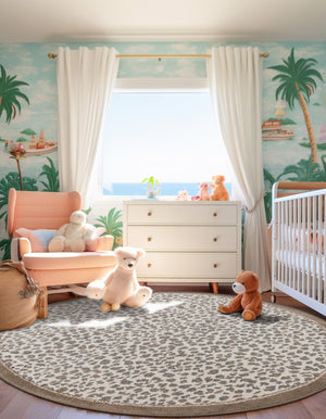 Brown 4' 1 x 4' 1 Wildlife Round Area Rug Animal Print Safari Jungle Inspired Carpet for Unique Modern Interior Design for Sale at Rug Engine