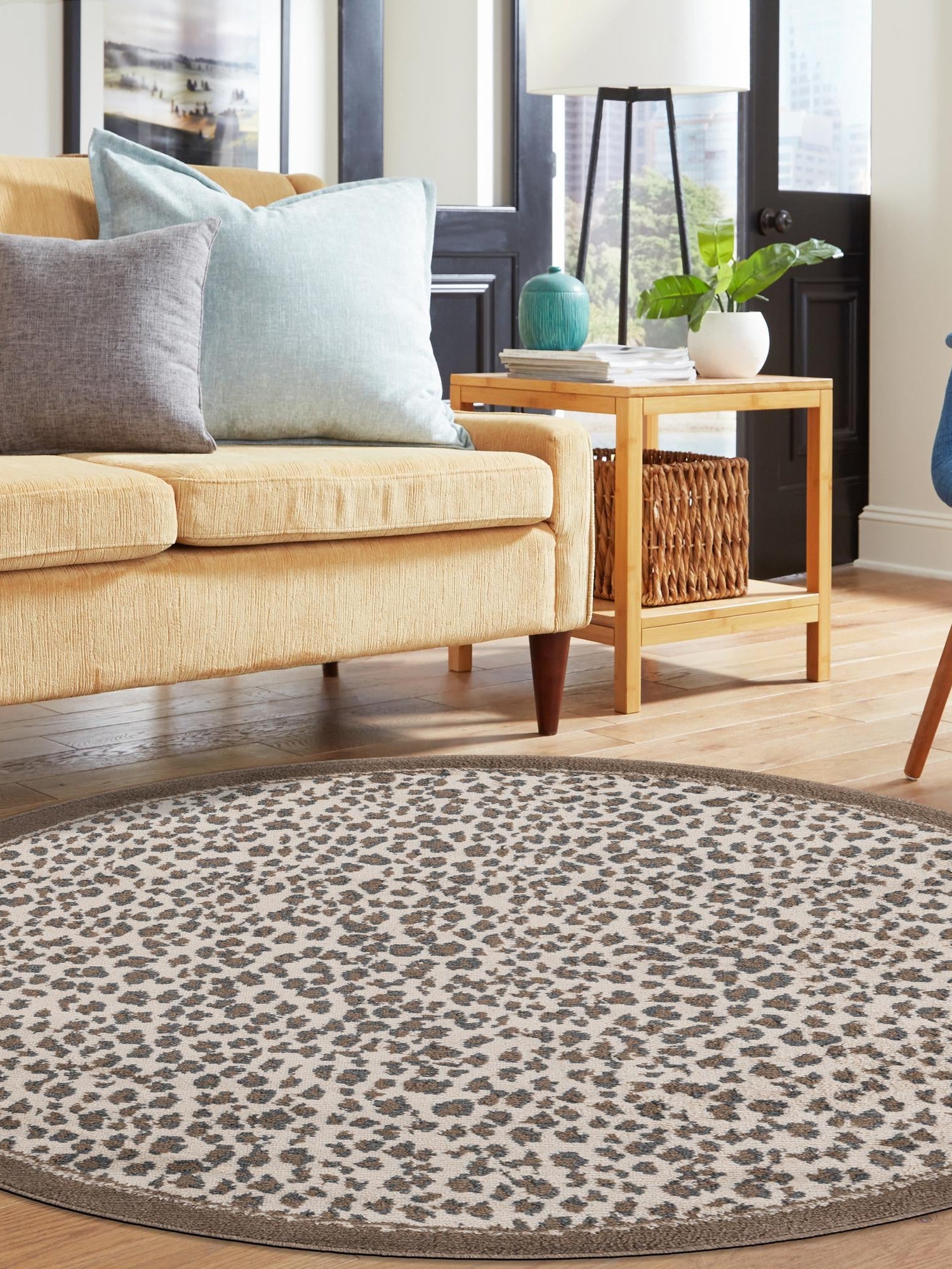 Brown 7' 10 x 7' 10 Wildlife Round Area Rug Animal Print Safari Jungle Inspired Carpet for Unique Modern Interior Design for Sale at Rug Engine