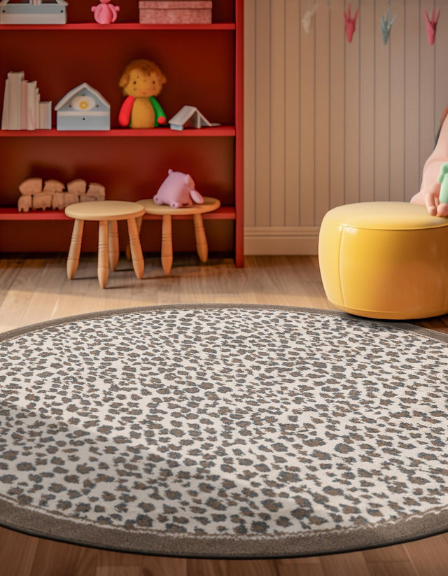 Brown 3' 1 x 3' 1 Wildlife Round Area Rug Animal Print Safari Jungle Inspired Carpet for Unique Modern Interior Design for Sale at Rug Engine