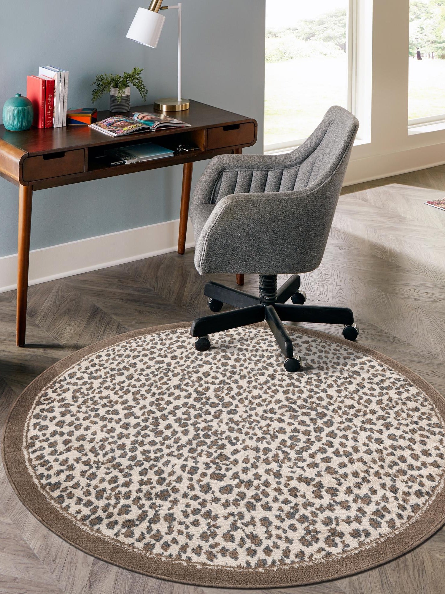 Brown 7' 10 x 7' 10 Wildlife Round Area Rug Animal Print Safari Jungle Inspired Carpet for Unique Modern Interior Design for Sale at Rug Engine