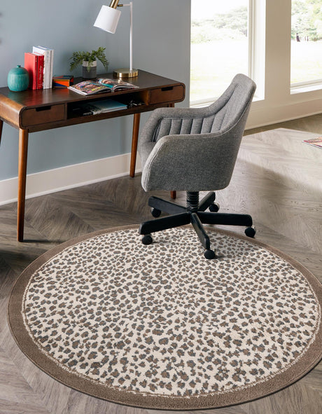 Brown 3' 1 x 3' 1 Wildlife Round Area Rug Animal Print Safari Jungle Inspired Carpet for Unique Modern Interior Design for Sale at Rug Engine