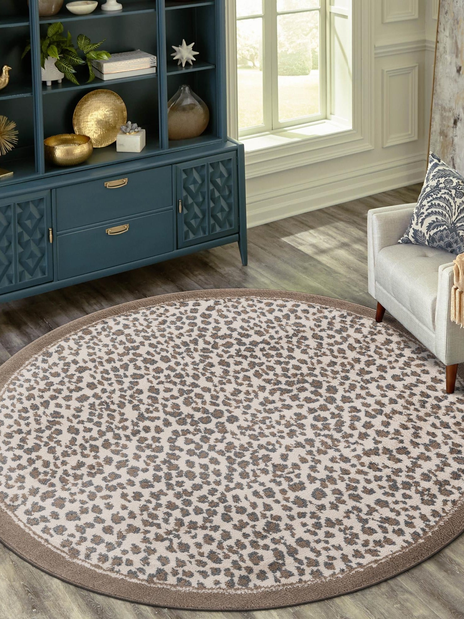 Brown 10' x 10' Wildlife Round Area Rug Animal Print Safari Jungle Inspired Carpet for Unique Modern Interior Design for Sale at Rug Engine