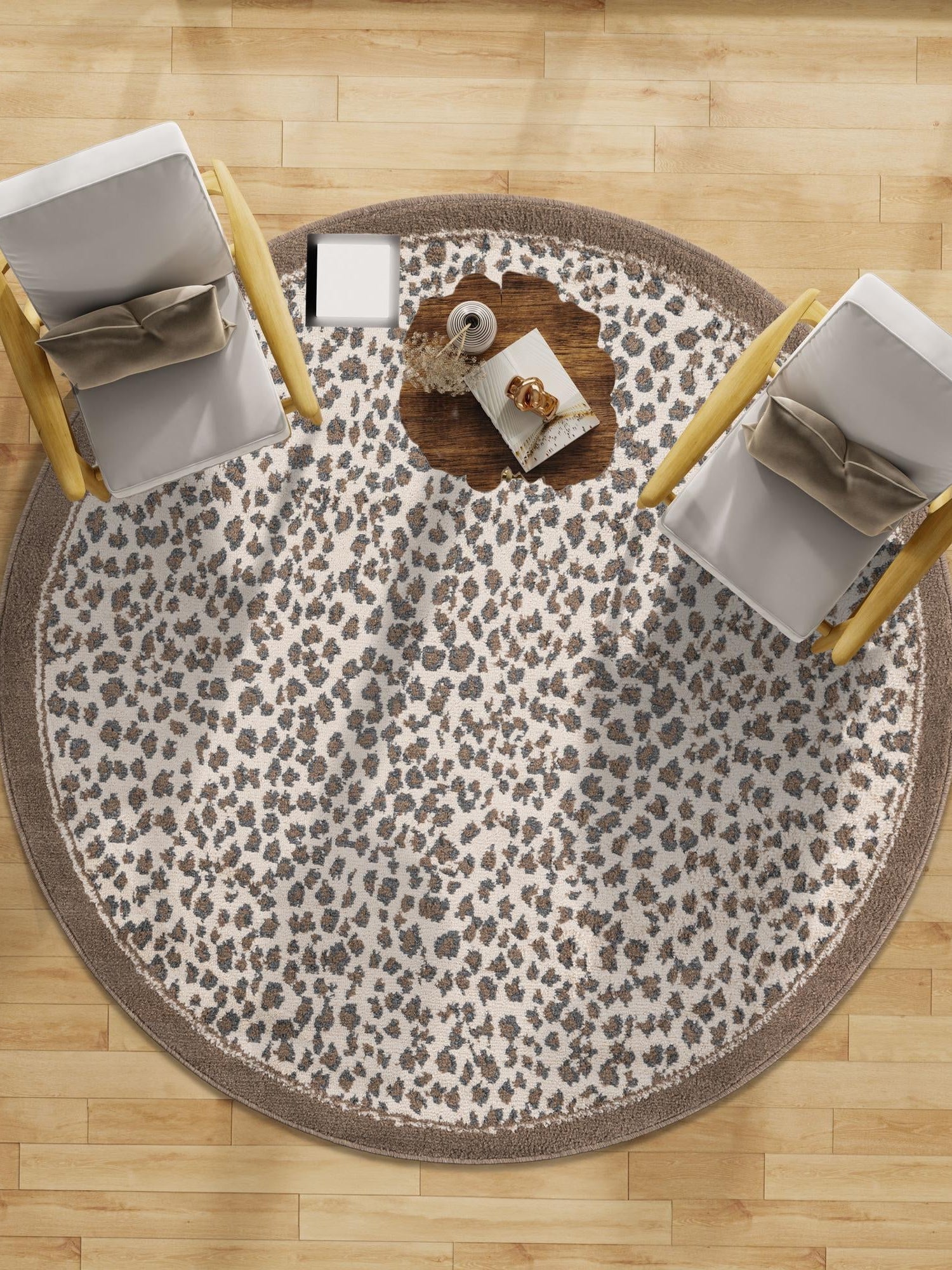Brown 10' x 10' Wildlife Round Area Rug Animal Print Safari Jungle Inspired Carpet for Unique Modern Interior Design for Sale at Rug Engine
