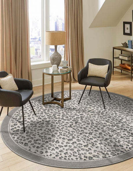 Gray 3' 1 x 3' 1 Wildlife Round Area Rug Animal Print Safari Jungle Inspired Carpet for Unique Modern Interior Design for Sale at Rug Engine