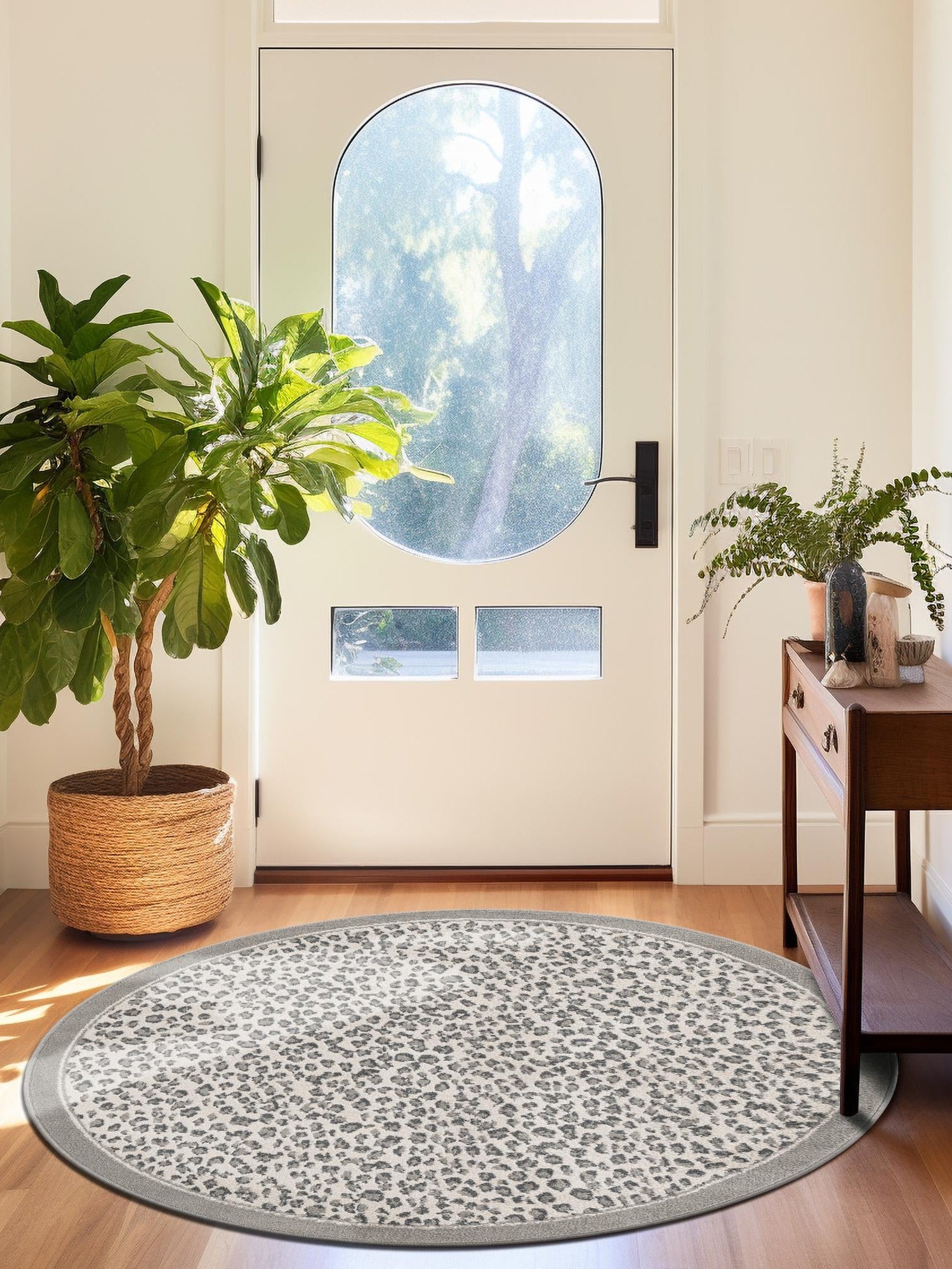 Gray 7' 10 x 7' 10 Wildlife Round Area Rug Animal Print Safari Jungle Inspired Carpet for Unique Modern Interior Design for Sale at Rug Engine