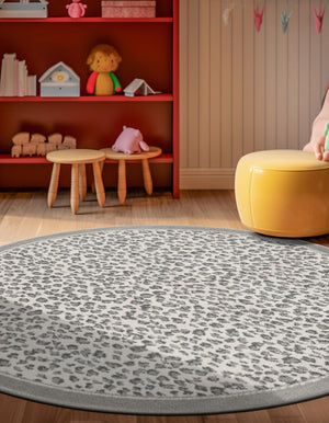 Gray 5' 1 x 5' 1 Wildlife Round Area Rug Animal Print Safari Jungle Inspired Carpet for Unique Modern Interior Design for Sale at Rug Engine