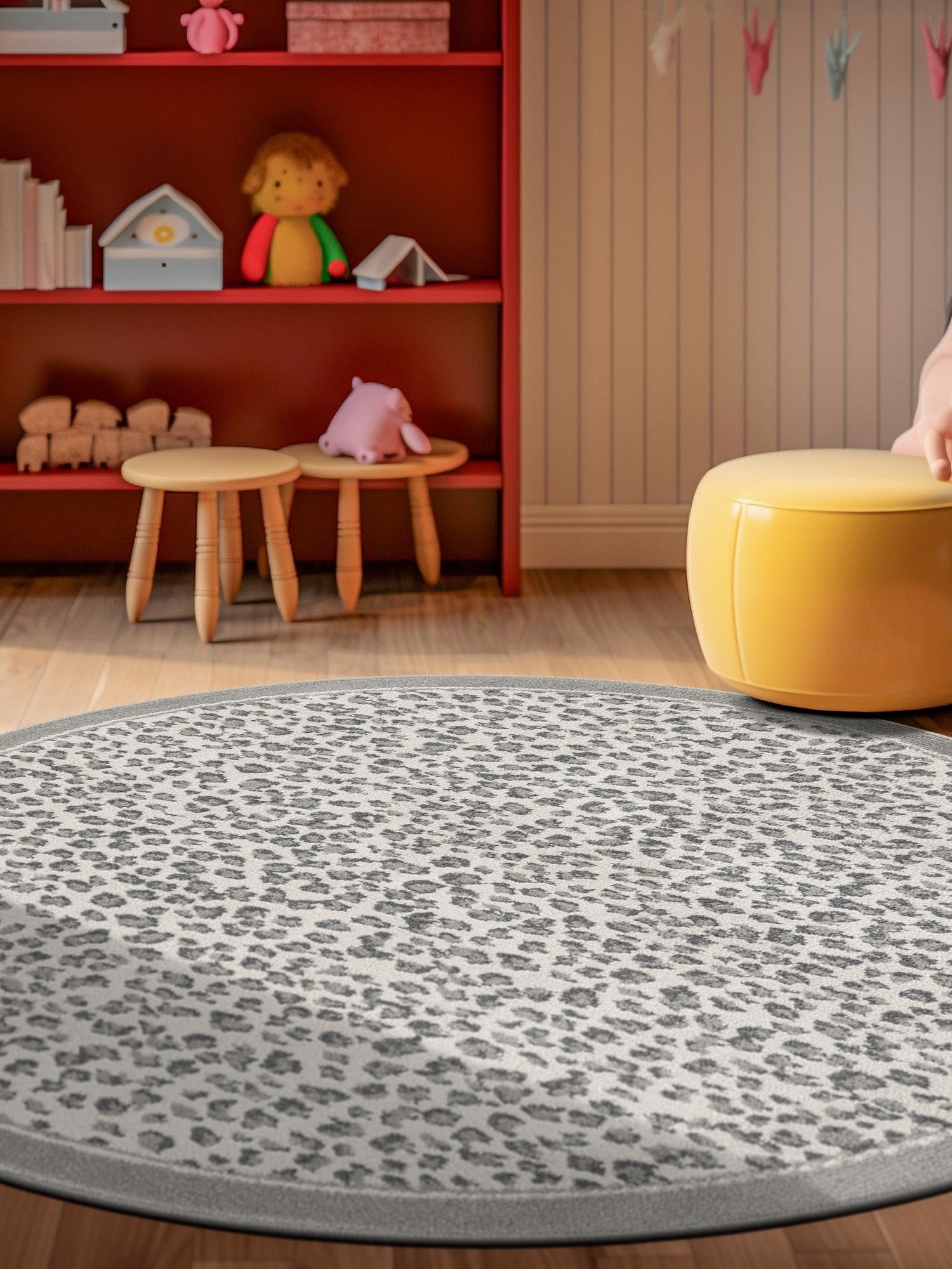 Gray 7' 10 x 7' 10 Wildlife Round Area Rug Animal Print Safari Jungle Inspired Carpet for Unique Modern Interior Design for Sale at Rug Engine