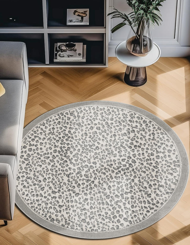 Gray 4' 1 x 4' 1 Wildlife Round Area Rug Animal Print Safari Jungle Inspired Carpet for Unique Modern Interior Design for Sale at Rug Engine