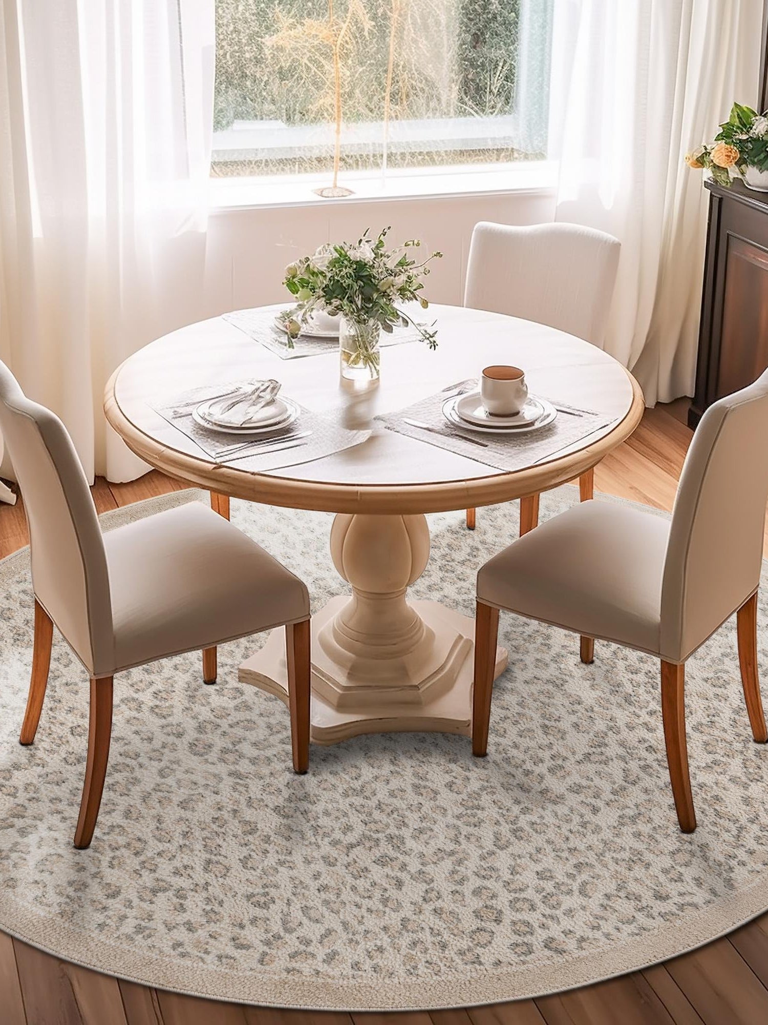 Ivory 5' 1 x 5' 1 Wildlife Round Area Rug Animal Print Safari Jungle Inspired Carpet for Unique Modern Interior Design for Sale at Rug Engine