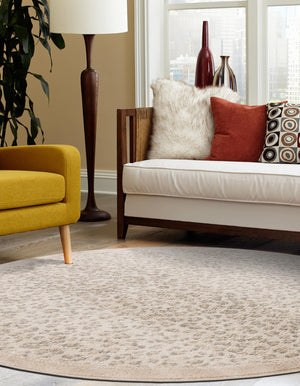 Ivory 3' 1 x 3' 1 Wildlife Round Area Rug Animal Print Safari Jungle Inspired Carpet for Unique Modern Interior Design for Sale at Rug Engine