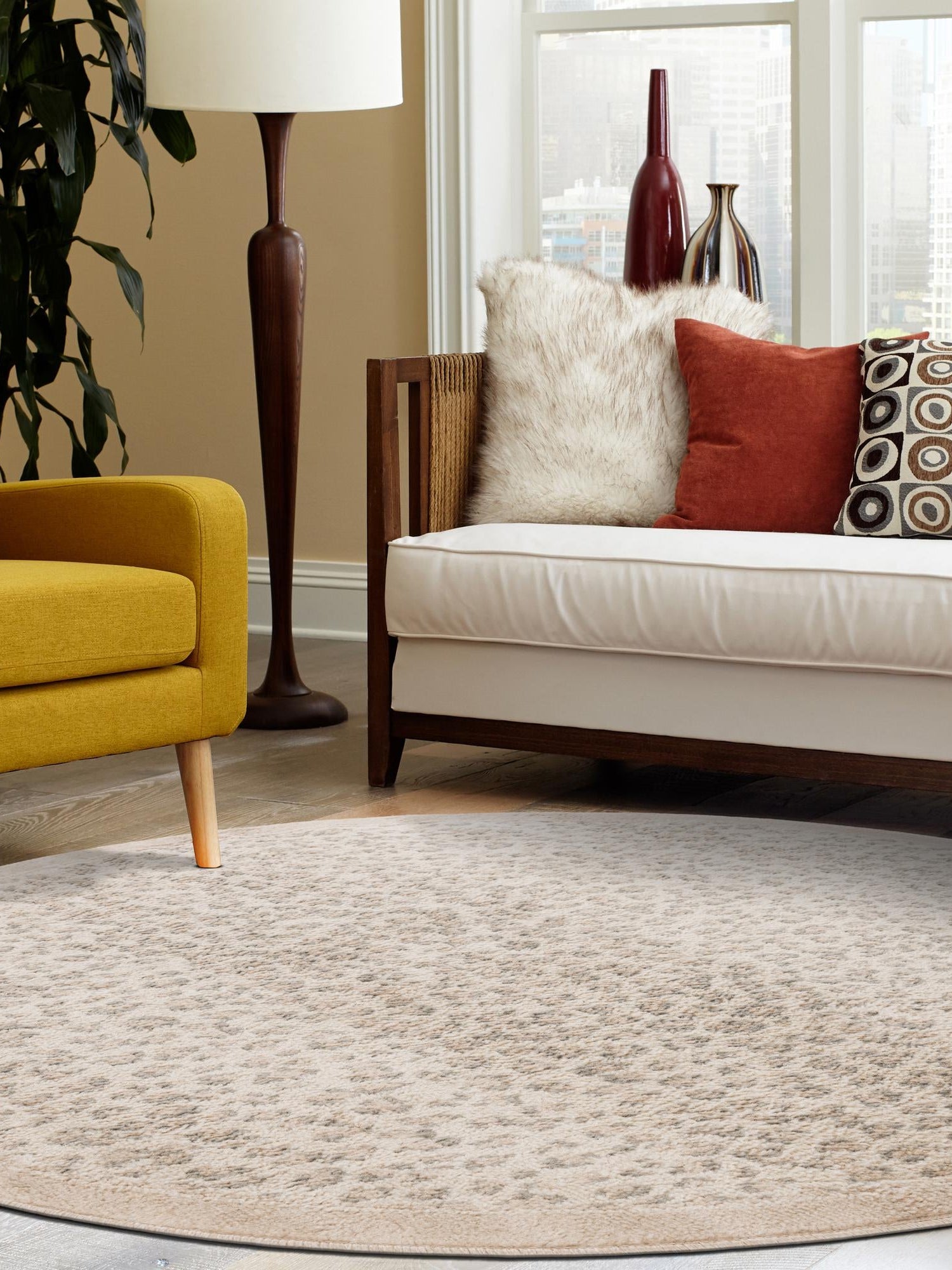 Ivory 5' 1 x 5' 1 Wildlife Round Area Rug Animal Print Safari Jungle Inspired Carpet for Unique Modern Interior Design for Sale at Rug Engine
