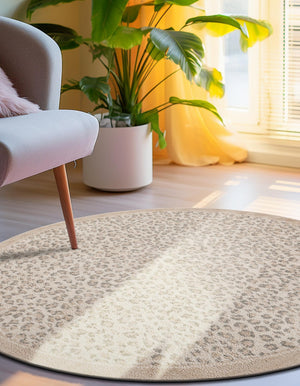 Ivory 7' 10 x 7' 10 Wildlife Round Area Rug Animal Print Safari Jungle Inspired Carpet for Unique Modern Interior Design for Sale at Rug Engine