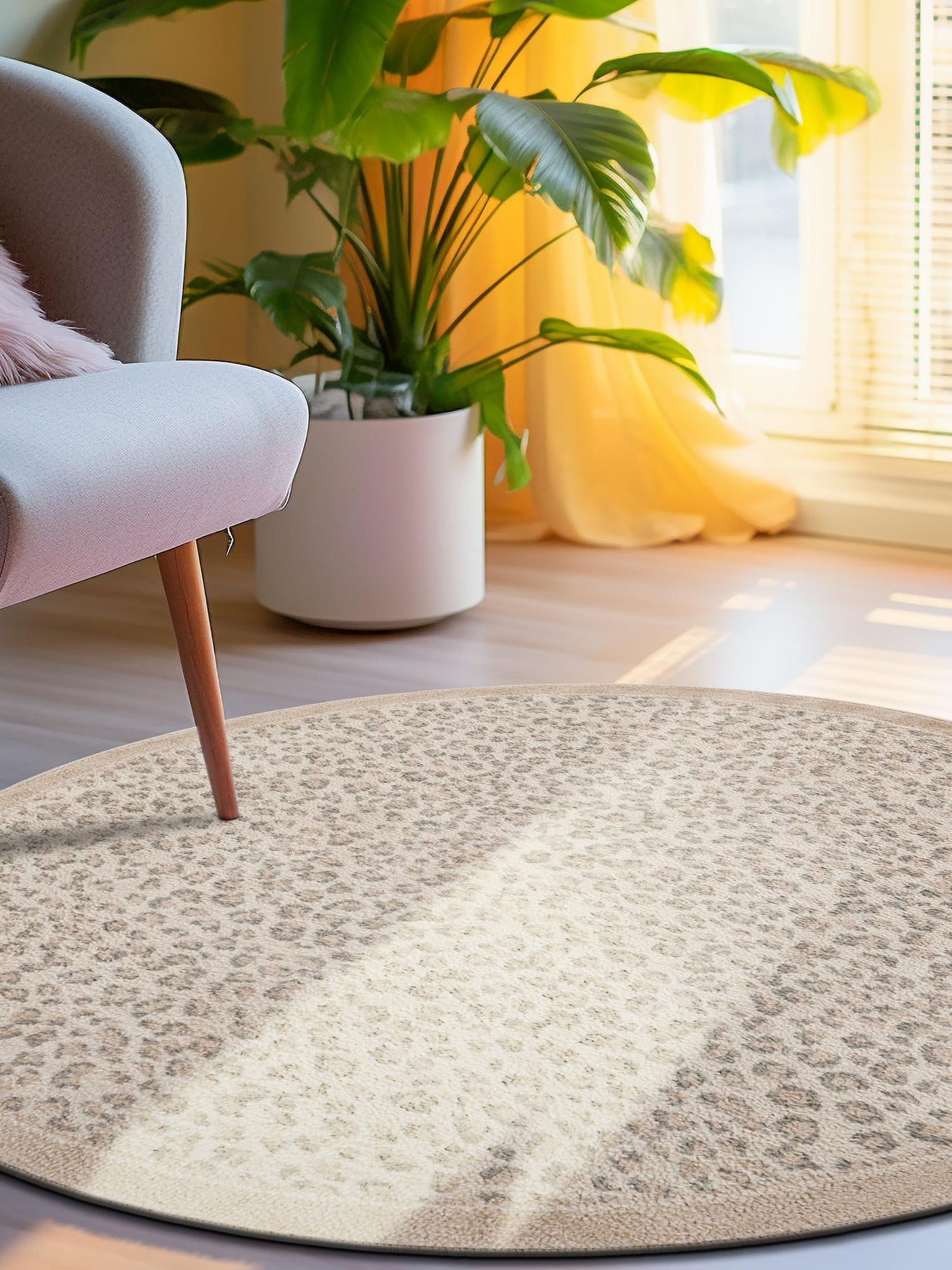 Ivory 5' 1 x 5' 1 Wildlife Round Area Rug Animal Print Safari Jungle Inspired Carpet for Unique Modern Interior Design for Sale at Rug Engine