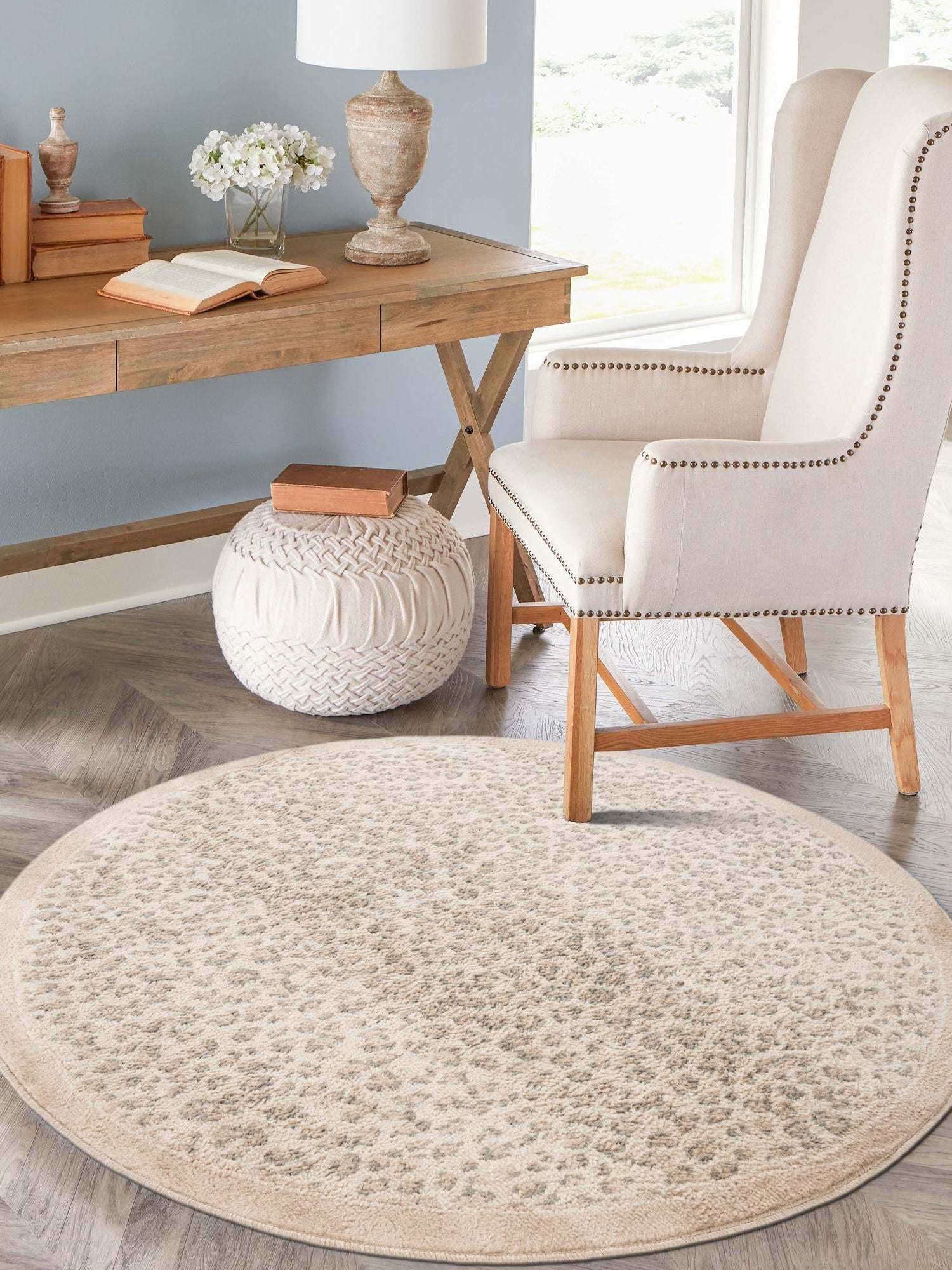 Ivory 10' x 10' Wildlife Round Area Rug Animal Print Safari Jungle Inspired Carpet for Unique Modern Interior Design for Sale at Rug Engine