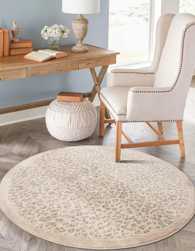Ivory 7' 10 x 7' 10 Wildlife Round Area Rug Animal Print Safari Jungle Inspired Carpet for Unique Modern Interior Design for Sale at Rug Engine