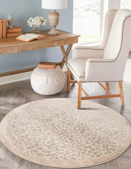 Ivory 5' 1 x 5' 1 Wildlife Round Area Rug Animal Print Safari Jungle Inspired Carpet for Unique Modern Interior Design for Sale at Rug Engine