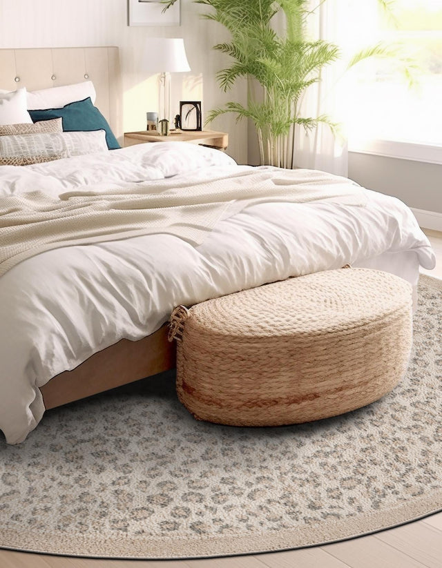 Ivory 4' 1 x 4' 1 Wildlife Round Area Rug Animal Print Safari Jungle Inspired Carpet for Unique Modern Interior Design for Sale at Rug Engine