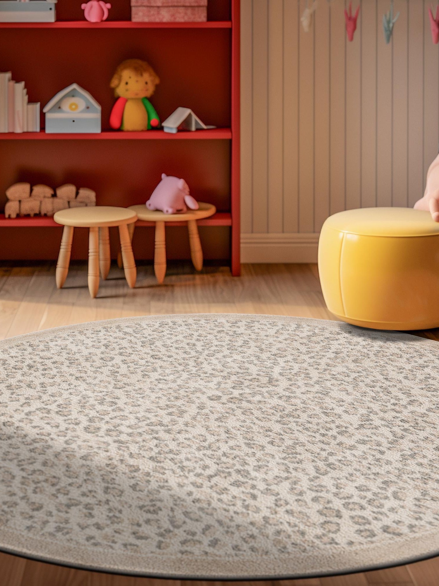 Ivory 5' 1 x 5' 1 Wildlife Round Area Rug Animal Print Safari Jungle Inspired Carpet for Unique Modern Interior Design for Sale at Rug Engine