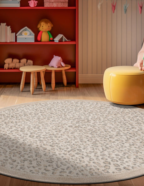 Ivory 4' 1 x 4' 1 Wildlife Round Area Rug Animal Print Safari Jungle Inspired Carpet for Unique Modern Interior Design for Sale at Rug Engine