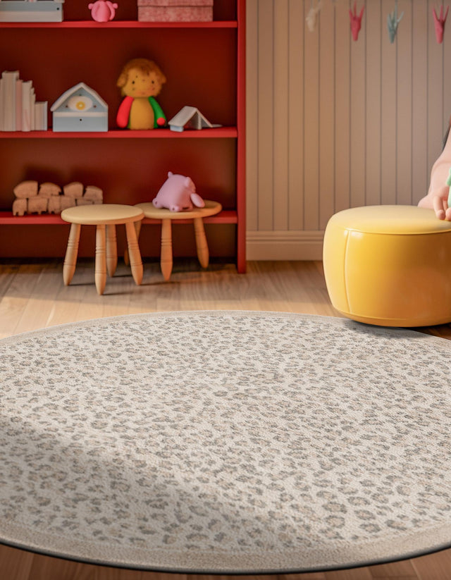 Ivory 4' 1 x 4' 1 Wildlife Round Area Rug Animal Print Safari Jungle Inspired Carpet for Unique Modern Interior Design for Sale at Rug Engine