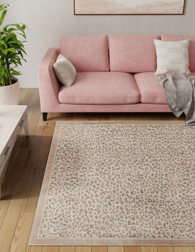 Ivory 7' 10 x 7' 10 Wildlife Square Area Rug Animal Print Safari Jungle Inspired Carpet for Unique Modern Interior Design for Sale at Rug Engine