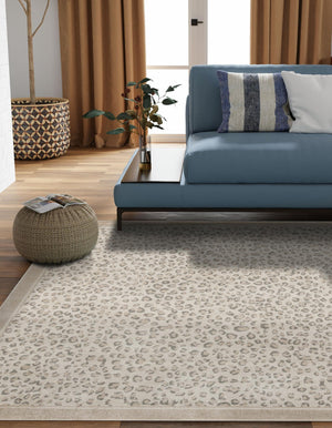 Ivory 7' 10 x 7' 10 Wildlife Square Area Rug Animal Print Safari Jungle Inspired Carpet for Unique Modern Interior Design for Sale at Rug Engine