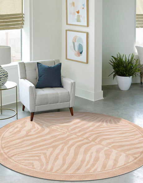 Beige and Ivory 7' 10 x 7' 10 Wildlife Round Area Rug Animal Print Safari Jungle Inspired Carpet for Unique Modern Interior Design for Sale at Rug Engine