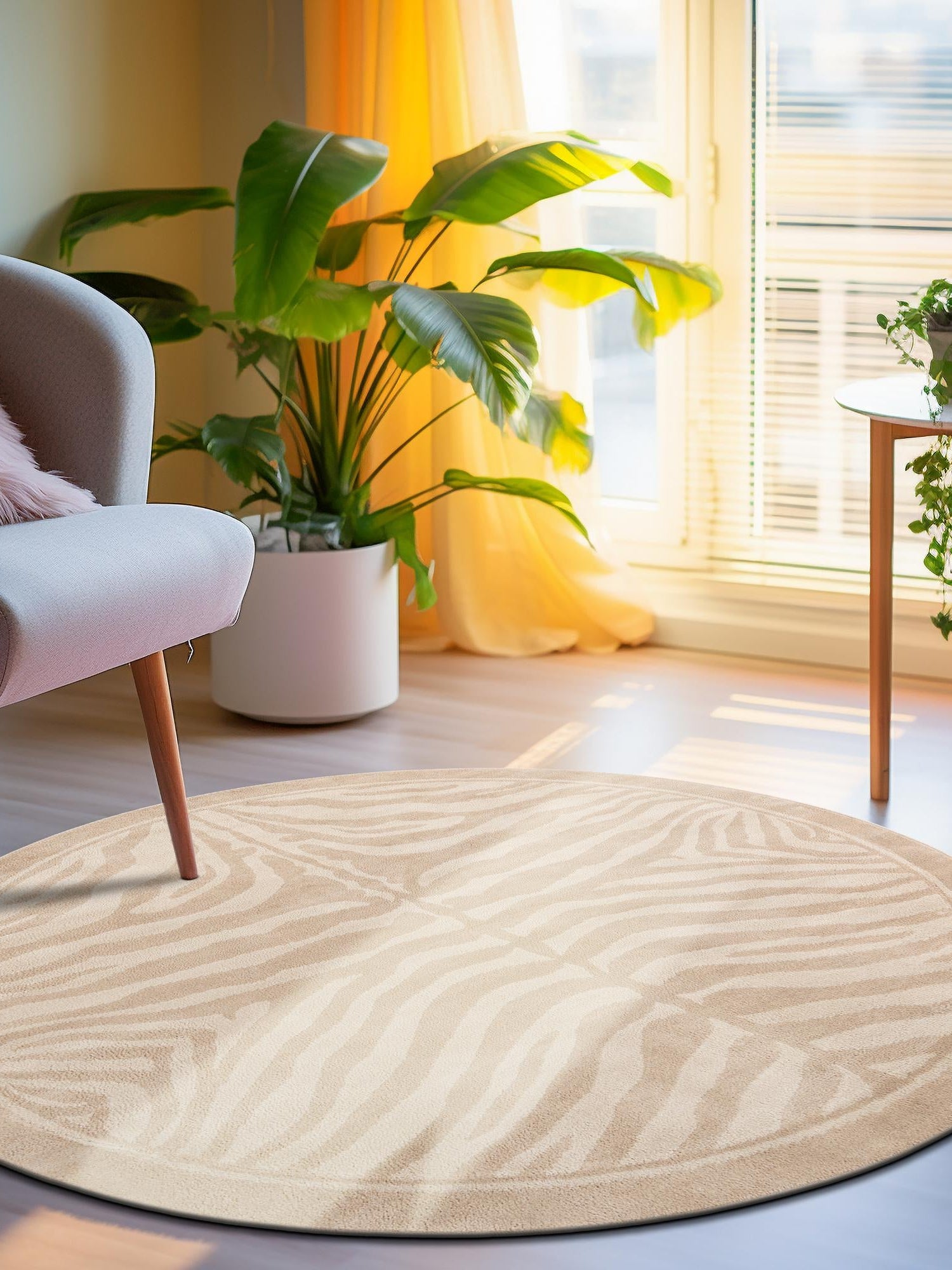 Beige and Ivory 7' 10 x 7' 10 Wildlife Round Area Rug Animal Print Safari Jungle Inspired Carpet for Unique Modern Interior Design for Sale at Rug Engine