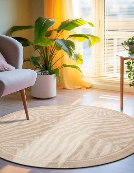 Beige and Ivory 10' x 10' Wildlife Round Area Rug Animal Print Safari Jungle Inspired Carpet for Unique Modern Interior Design for Sale at Rug Engine