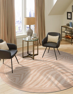 Beige and Ivory 3' 1 x 3' 1 Wildlife Round Area Rug Animal Print Safari Jungle Inspired Carpet for Unique Modern Interior Design for Sale at Rug Engine