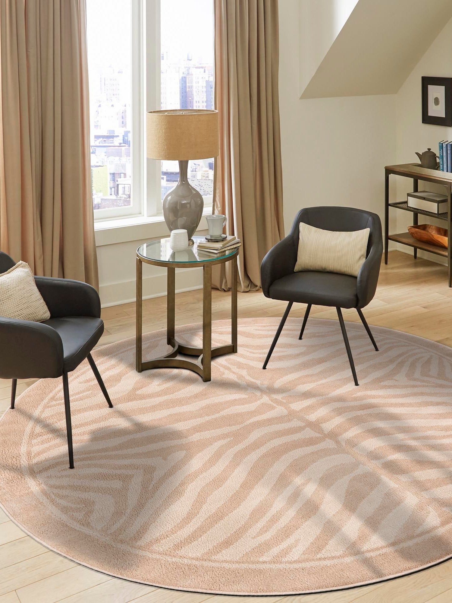Beige and Ivory 10' x 10' Wildlife Round Area Rug Animal Print Safari Jungle Inspired Carpet for Unique Modern Interior Design for Sale at Rug Engine