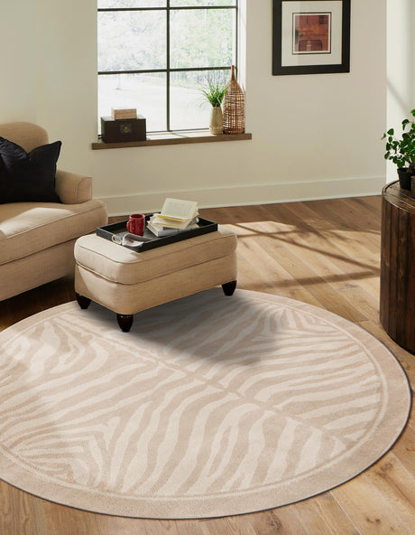 Beige and Ivory 5' 1 x 5' 1 Wildlife Round Area Rug Animal Print Safari Jungle Inspired Carpet for Unique Modern Interior Design for Sale at Rug Engine