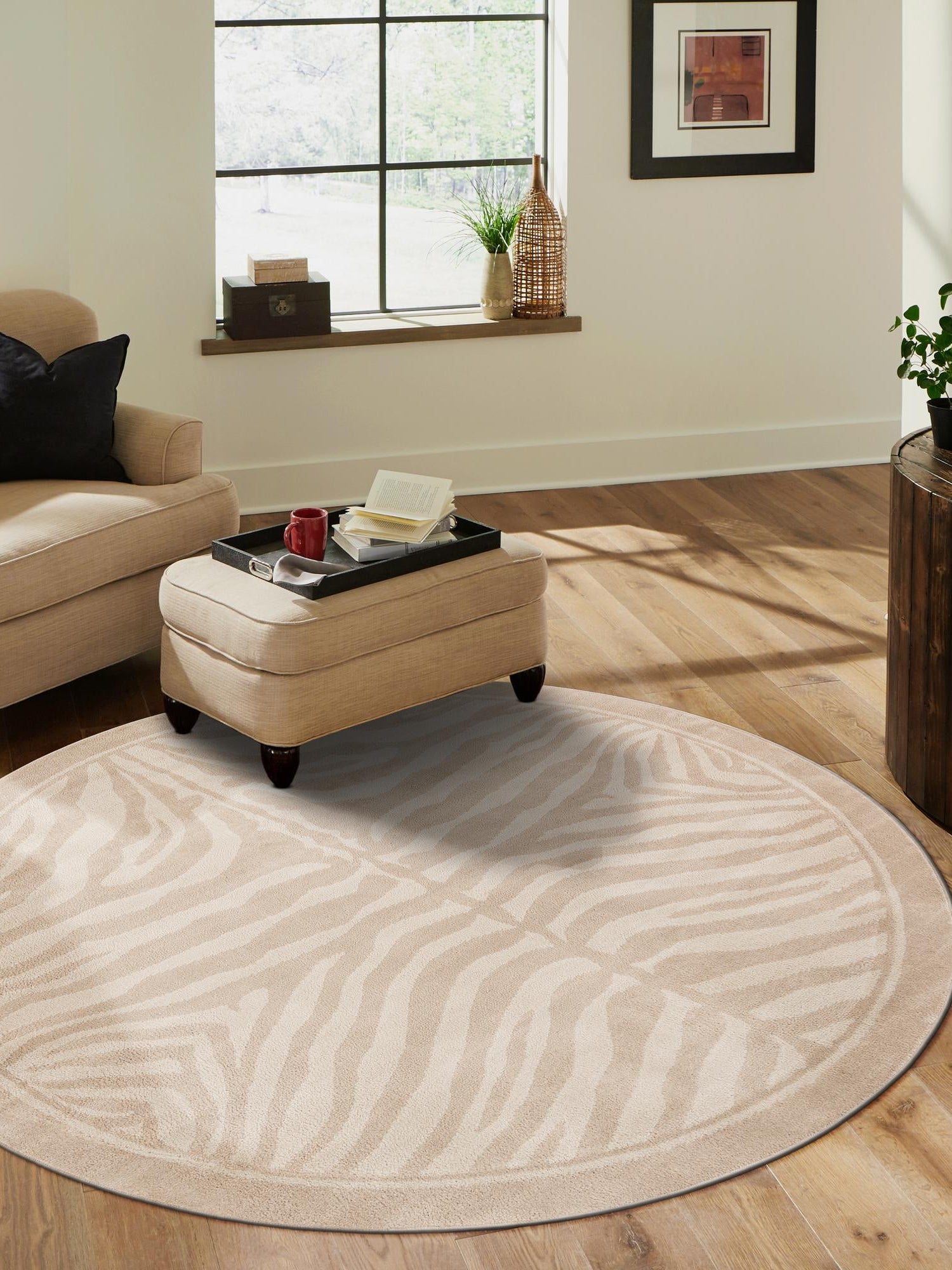 Beige and Ivory 3' 1 x 3' 1 Wildlife Round Area Rug Animal Print Safari Jungle Inspired Carpet for Unique Modern Interior Design for Sale at Rug Engine
