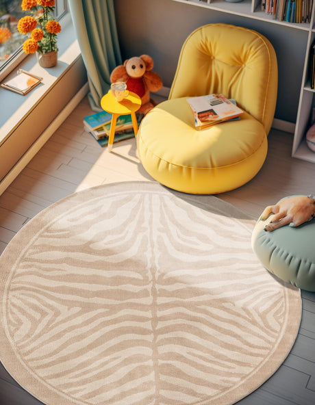 Beige and Ivory 3' 1 x 3' 1 Wildlife Round Area Rug Animal Print Safari Jungle Inspired Carpet for Unique Modern Interior Design for Sale at Rug Engine