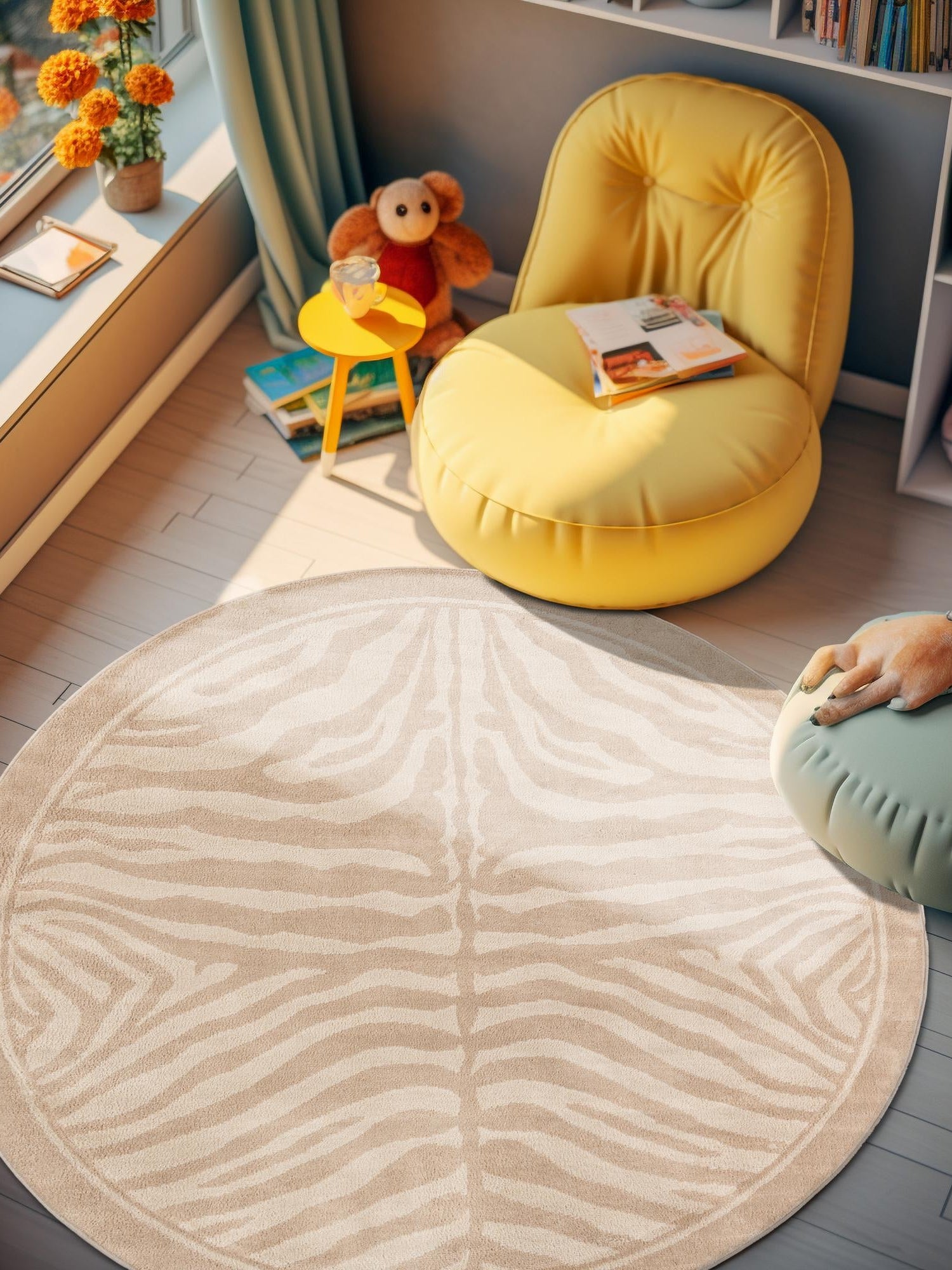 Beige and Ivory 5' 1 x 5' 1 Wildlife Round Area Rug Animal Print Safari Jungle Inspired Carpet for Unique Modern Interior Design for Sale at Rug Engine