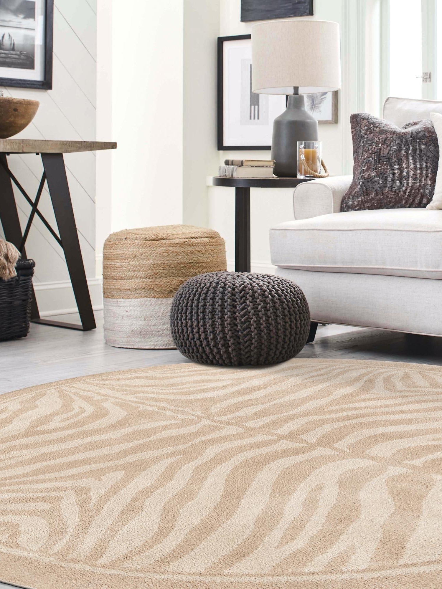Beige and Ivory 10' x 10' Wildlife Round Area Rug Animal Print Safari Jungle Inspired Carpet for Unique Modern Interior Design for Sale at Rug Engine