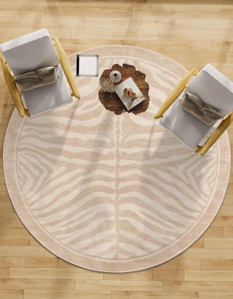 Beige and Ivory 7' 10 x 7' 10 Wildlife Round Area Rug Animal Print Safari Jungle Inspired Carpet for Unique Modern Interior Design for Sale at Rug Engine