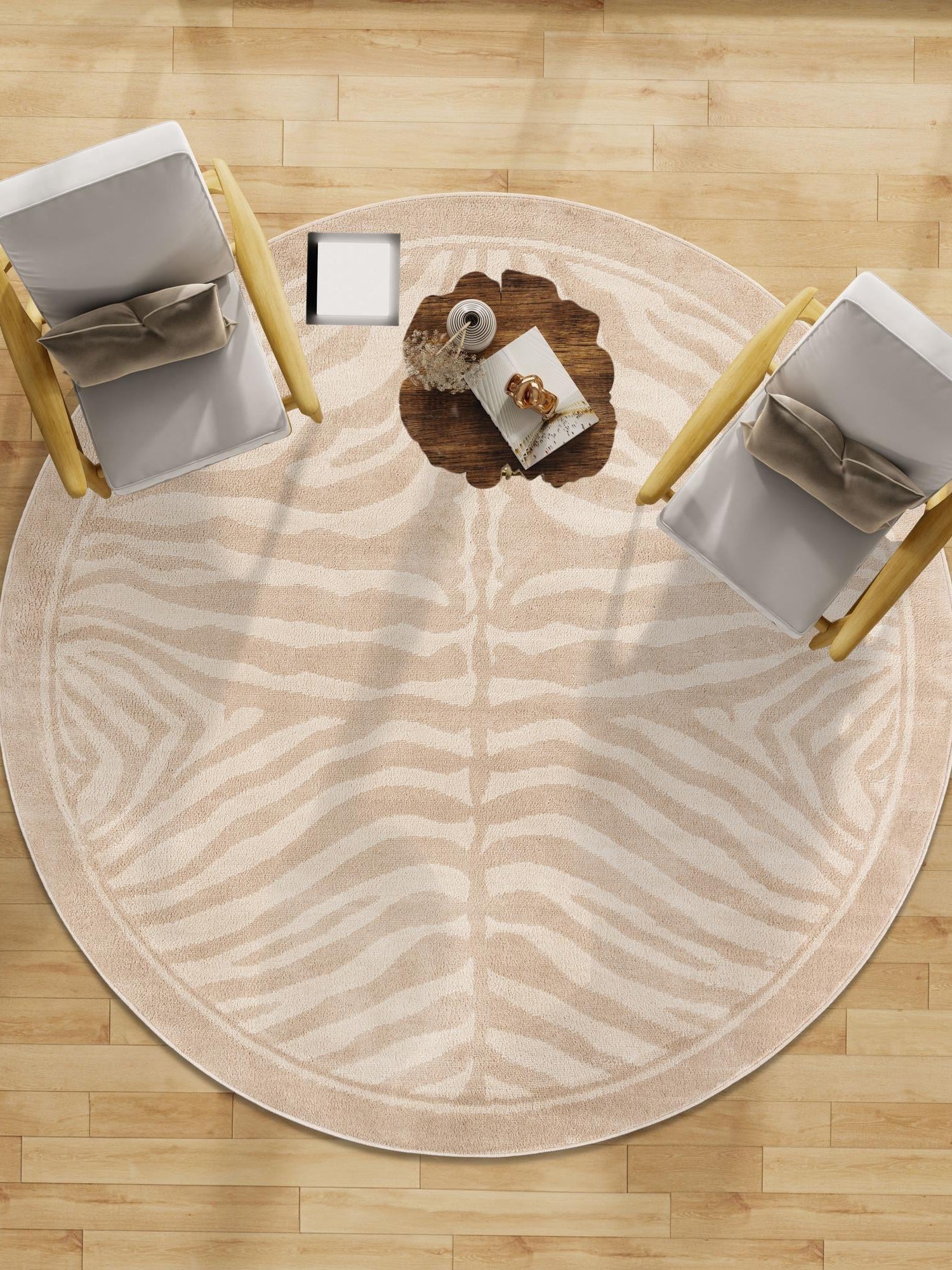 Beige and Ivory 3' 1 x 3' 1 Wildlife Round Area Rug Animal Print Safari Jungle Inspired Carpet for Unique Modern Interior Design for Sale at Rug Engine