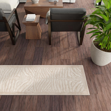 Beige and Ivory 2' 7 x 12' Wildlife Runner Area Rug Animal Print Safari Jungle Inspired Carpet for Unique Modern Interior Design for Sale at Rug Engine