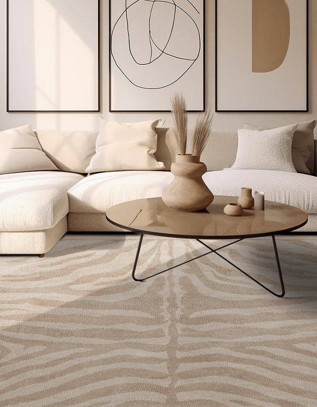 Beige and Ivory 10' x 10' Wildlife Square Area Rug Animal Print Safari Jungle Inspired Carpet for Unique Modern Interior Design for Sale at Rug Engine