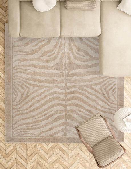 Beige and Ivory 7' 10 x 7' 10 Wildlife Square Area Rug Animal Print Safari Jungle Inspired Carpet for Unique Modern Interior Design for Sale at Rug Engine