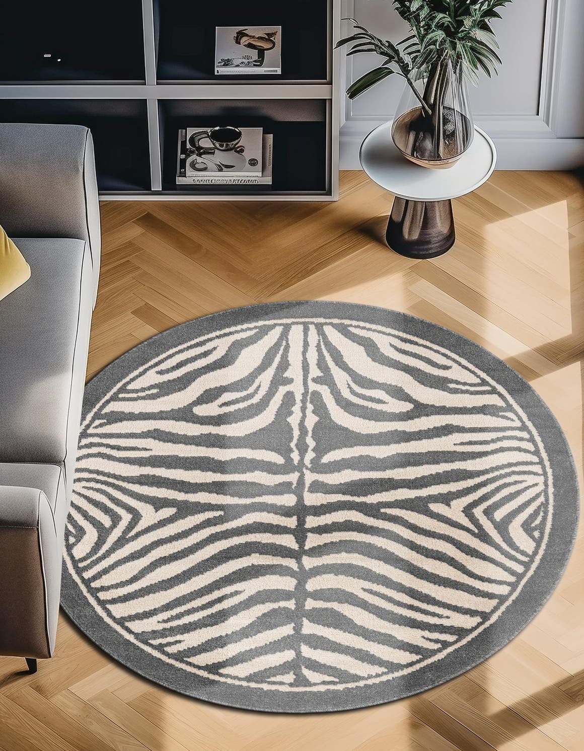 Gray and Ivory 7' 10 x 7' 10 Wildlife Round Area Rug Animal Print Safari Jungle Inspired Carpet for Unique Modern Interior Design for Sale at Rug Engine