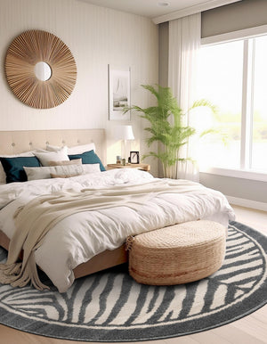Gray and Ivory 3' 1 x 3' 1 Wildlife Round Area Rug Animal Print Safari Jungle Inspired Carpet for Unique Modern Interior Design for Sale at Rug Engine