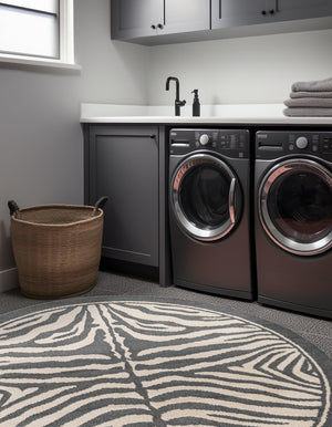 Gray and Ivory 10' x 10' Wildlife Round Area Rug Animal Print Safari Jungle Inspired Carpet for Unique Modern Interior Design for Sale at Rug Engine