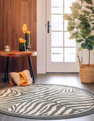 Gray and Ivory 10' x 10' Wildlife Round Area Rug Animal Print Safari Jungle Inspired Carpet for Unique Modern Interior Design for Sale at Rug Engine