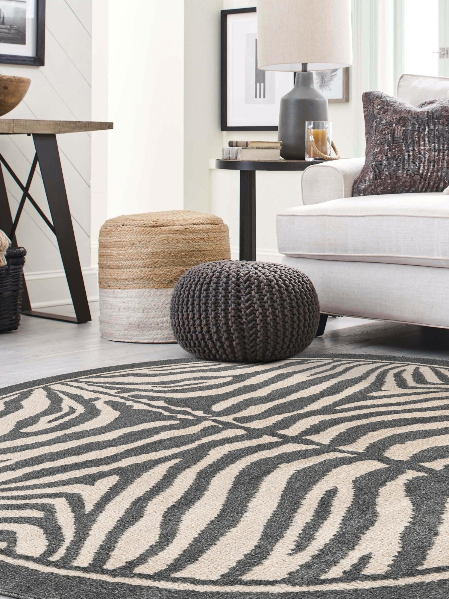 Gray and Ivory 5' 1 x 5' 1 Wildlife Round Area Rug Animal Print Safari Jungle Inspired Carpet for Unique Modern Interior Design for Sale at Rug Engine